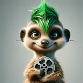 DALL·E 2024-02-08 10.10.36 - An incredibly adorable meerkat with a striking green mohawk, clearly holding a film reel in its front paws with a sly, engaging expression. The meerka